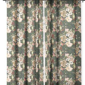 Dark Floral Bloom Forest Green Sheer Curtains